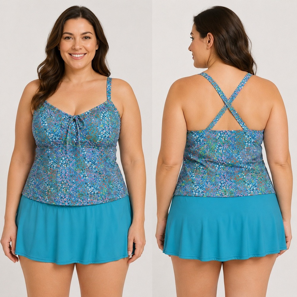 NWOT Lands End Tankini Swimsuit Set Women 14 DD Blue Floral Underwire Swim Skirt